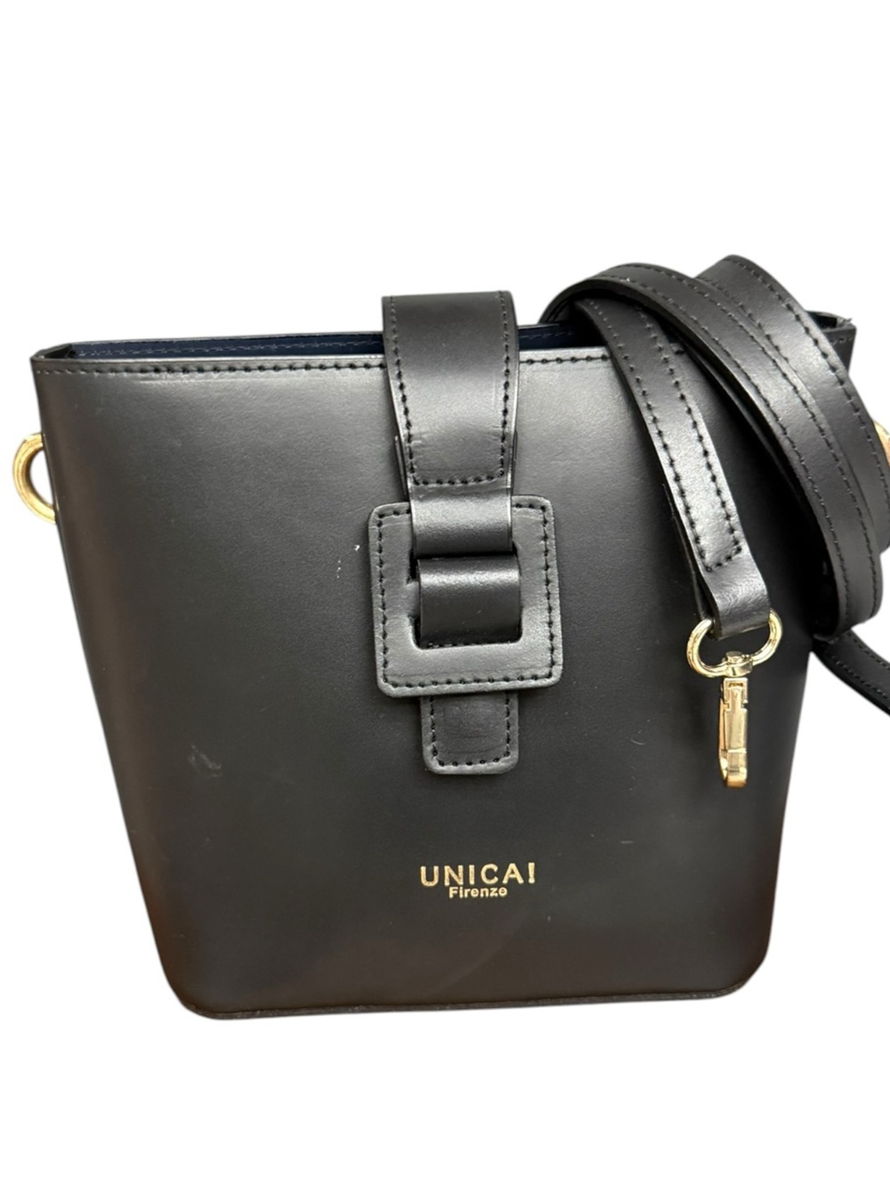 UNICA! Firenze Black Leather Mini Bucket Bag with Crossbody Strap